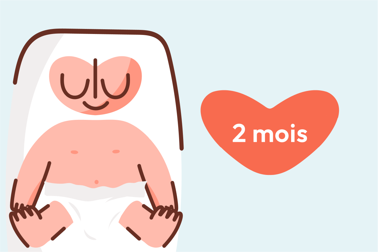 Bébé 2 mois allongé sur le dos les yeux fermés en train de sourire, illustré par l'application Heloa