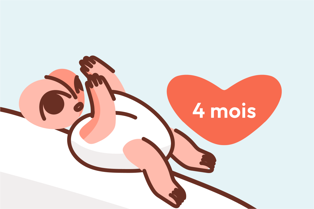 Bébé 4 mois allongé sur le dos explore ses mains, illustré par l'application Heloa