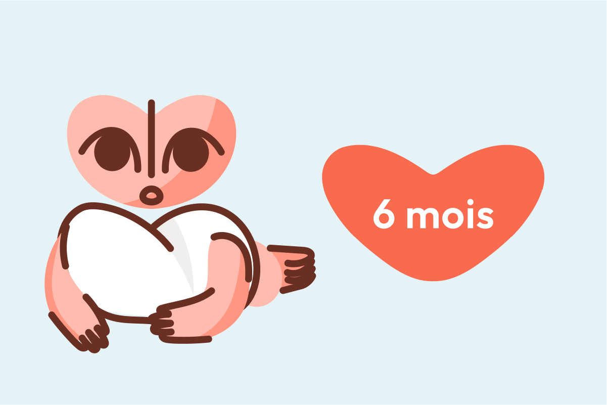 Bébé 6 mois allongé sur le ventre avec la tête relevée, illustré par l'application Heloa