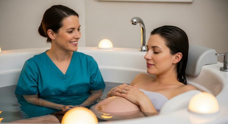 Accouchement dans eau en maternité avec une future maman sereine et une sage-femme accompagnant dans une baignoire d'hôpital moderne