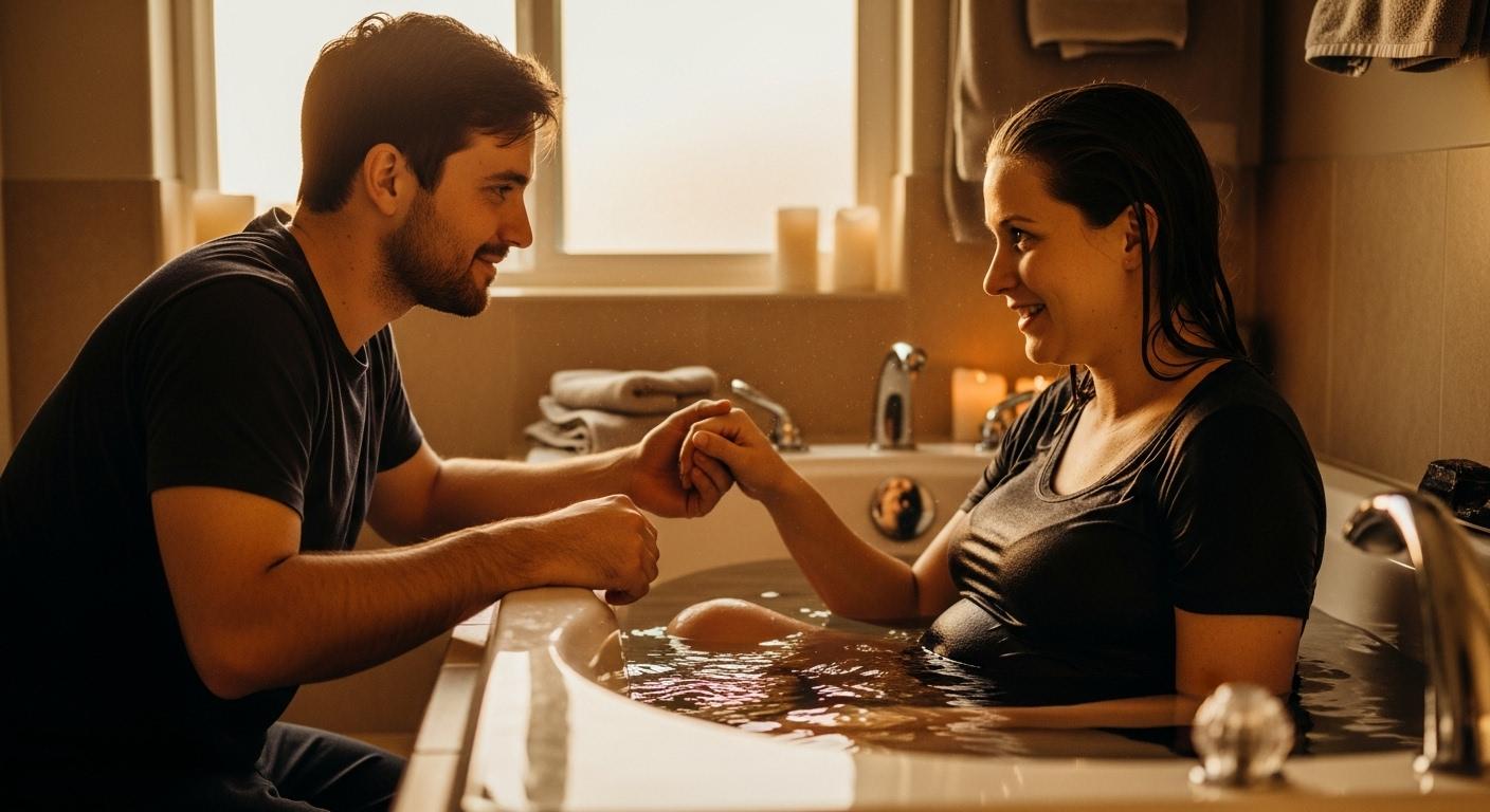 Accouchement dans eau à domicile partagé par un couple complice dans une ambiance chaleureuse et rassurante