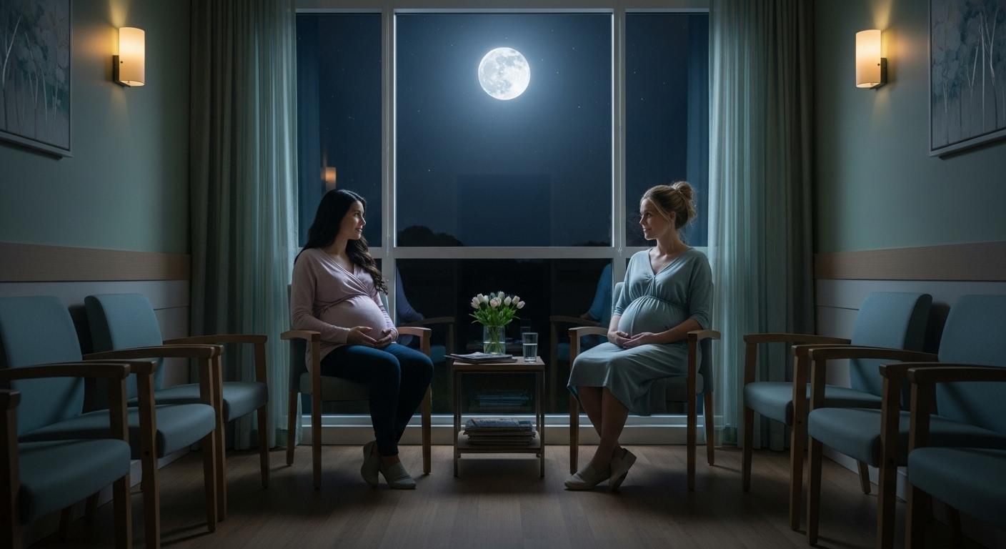 Two pregnant women at the maternity hospital during a full moon night, evoking full moon birth.