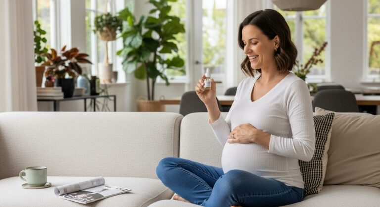 Femme enceinte prenant de l'acide folique pendant la grossesse assise dans un salon lumineux