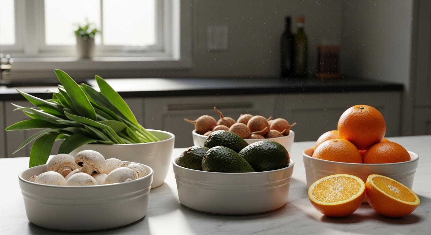 Aliments riches en acide folique conseillés durant la grossesse sur une table de cuisine moderne