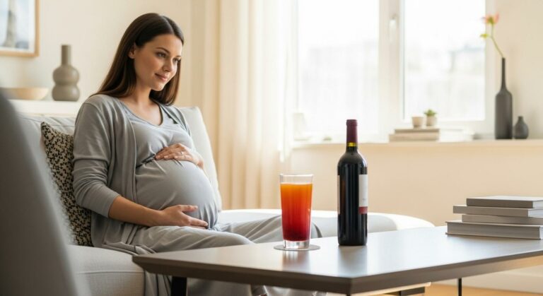 Femme enceinte réfléchissant à la consommation d'alcool pendant la grossesse dans un salon moderne.