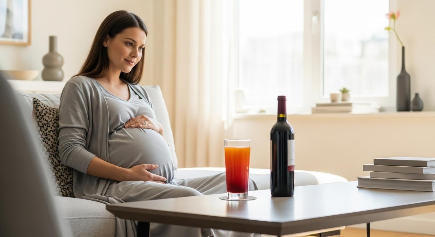 Femme enceinte réfléchissant à la consommation d'alcool pendant la grossesse dans un salon moderne.