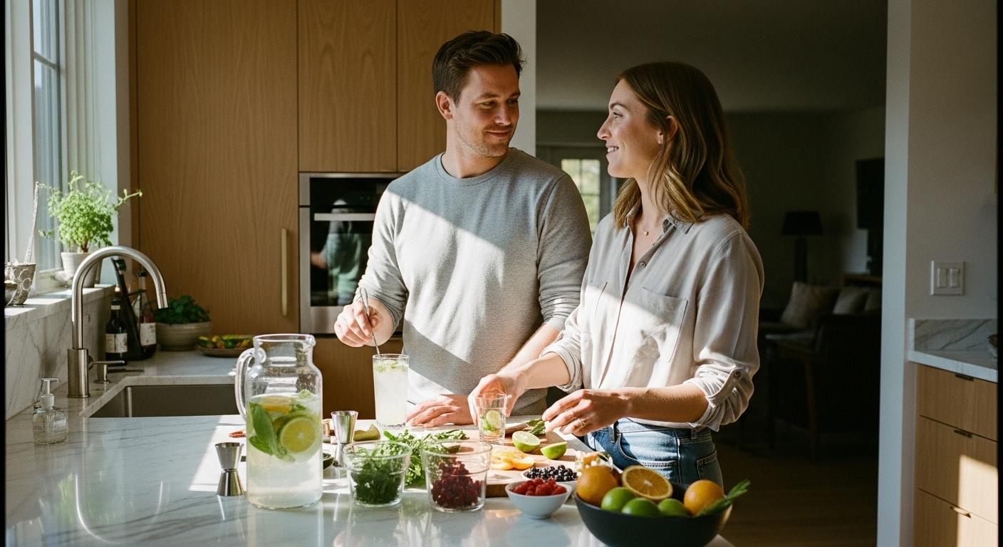 Couple préparant des alternatives sans alcool pour éviter l’alcool pendant la grossesse.