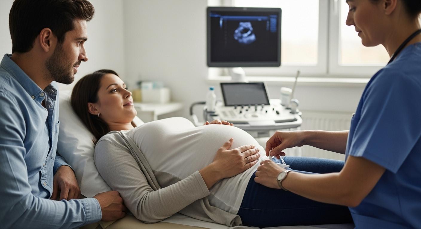 Femme enceinte sereine avec son partenaire et une infirmière préparant une amniocentèse dans une salle d’examen claire, ambiance professionnelle et rassurante.