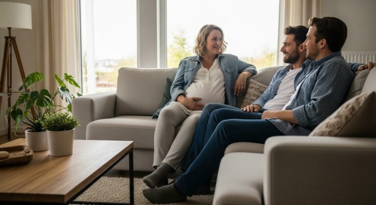 Femme enceinte ressentant son bébé qui bouge pendant la grossesse assise sur un canapé