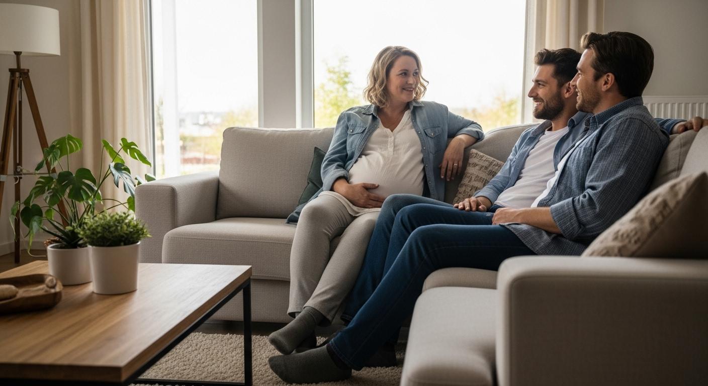 Femme enceinte ressentant son bébé qui bouge pendant la grossesse assise sur un canapé