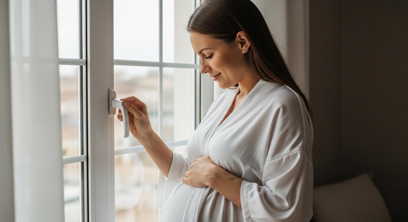 Femme enceinte attentive aux mouvements de bébé pendant la grossesse près d'une fenêtre