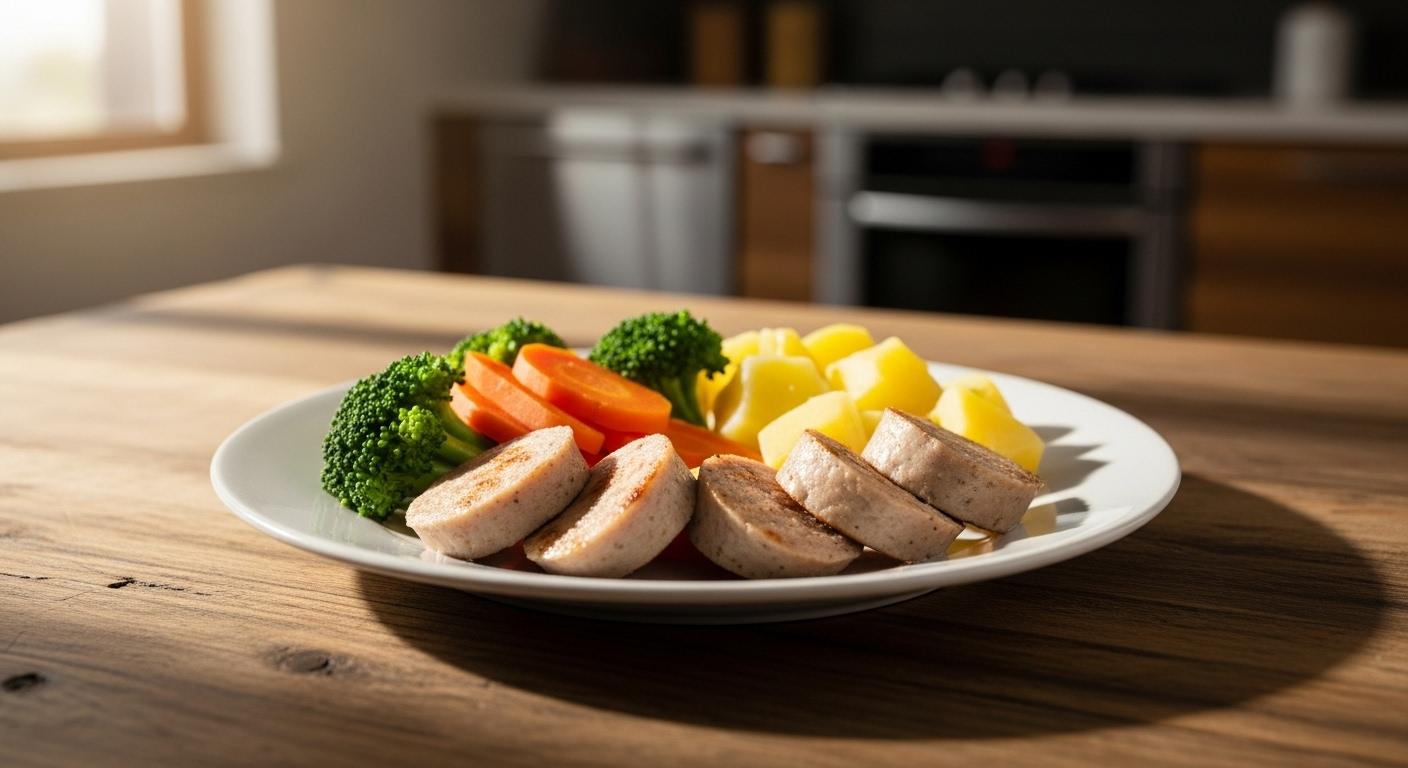 Assiette de boudin blanc bien cuit et légumes vapeur adaptée aux femmes enceintes, illustrant la sécurité du boudin blanc enceinte.