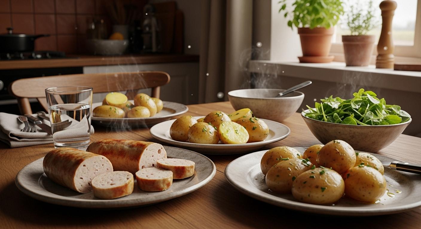 Repas familial avec boudin blanc enceinte accompagné de légumes frais, illustrant un plat adapté à la grossesse.