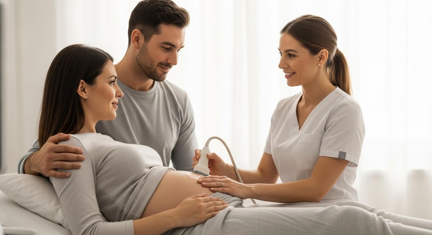 Femme enceinte lors d’une échographie du premier trimestre pour mesurer la clarté nucale, allongée sur un lit d’examen avec son partenaire à ses côtés, sonographe appliquant le gel, écran d’échographie hors champ dans une salle lumineuse.
