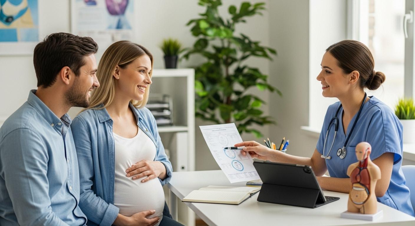 Consultation prénatale expliquant la mesure de la clarté nucale et le dépistage, couple attentif face à une sage-femme souriante dans un cabinet lumineux, documents et tablette orientés hors champ lisible.