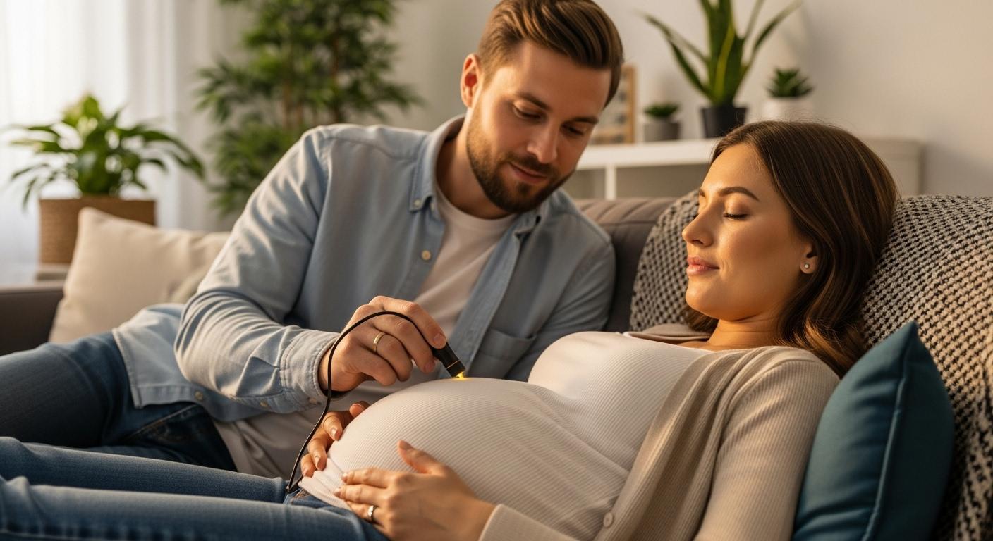 Couple souriant écoutant les battements du cœur de leur bébé à la maison avec un doppler fœtal, la future maman allongée sur un canapé et le partenaire tenant le dispositif sur le ventre, lumière douce et ambiance rassurante.