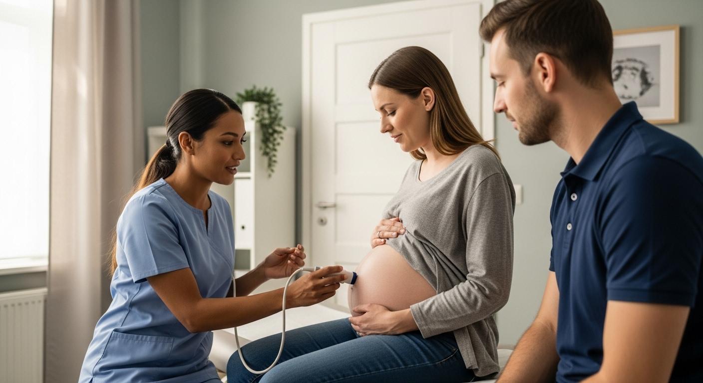 Sage-femme expliquant l’utilisation d’un doppler fœtal pendant une consultation prénatale, capteur posé sur le bas-ventre d’une femme enceinte pendant que le partenaire observe dans un cabinet lumineux.