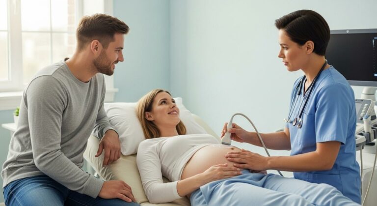 alt="Femme enceinte lors d une échographie abdominale dans un cabinet lumineux, une professionnelle de santé applique le gel et passe la sonde sur le ventre tandis que le partenaire observe sereinement"