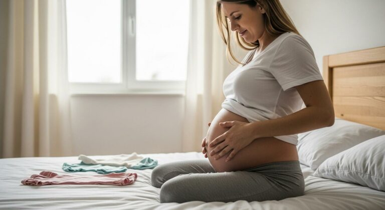 Vue de profil d'une femme enceinte illustrant l'évolution du ventre grossesse dans une chambre bien éclairée, préparant des affaires de bébé.