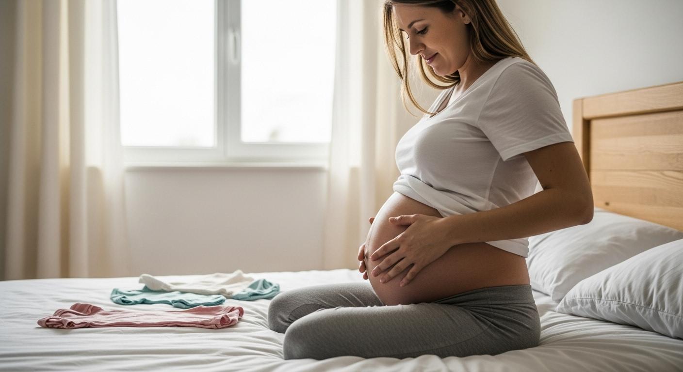 Vue de profil d'une femme enceinte illustrant l'évolution du ventre grossesse dans une chambre bien éclairée, préparant des affaires de bébé.