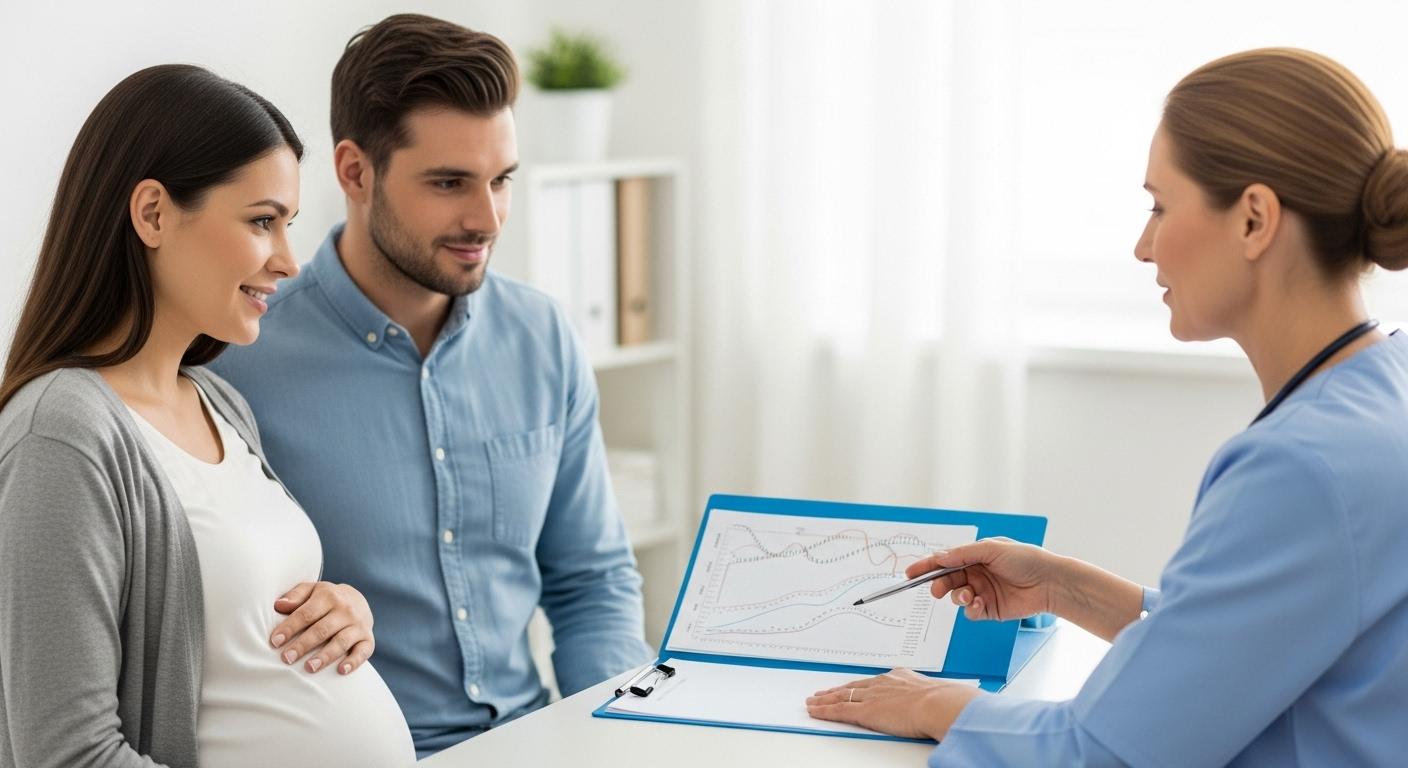 Jeune couple et sage femme examinant un graphique de courbes lié au percentile grossesse lors d une consultation prénatale dans un cabinet lumineux, atmosphère rassurante