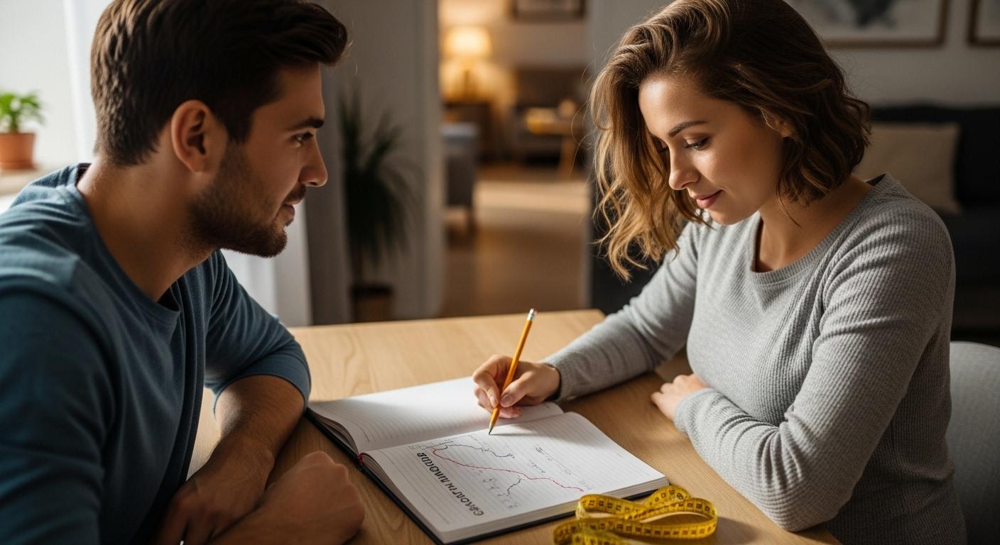 Femme enceinte et partenaire suivant à domicile un carnet avec courbe de croissance liée au percentile grossesse sur une table de salon, ambiance douce et organisée