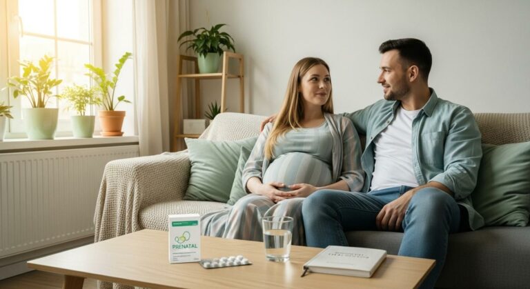 Femme enceinte assise avec son partenaire dans un salon lumineux, discutant sereinement de la progestérone grossesse avec une boîte de comprimés et un verre d’eau sur la table basse.