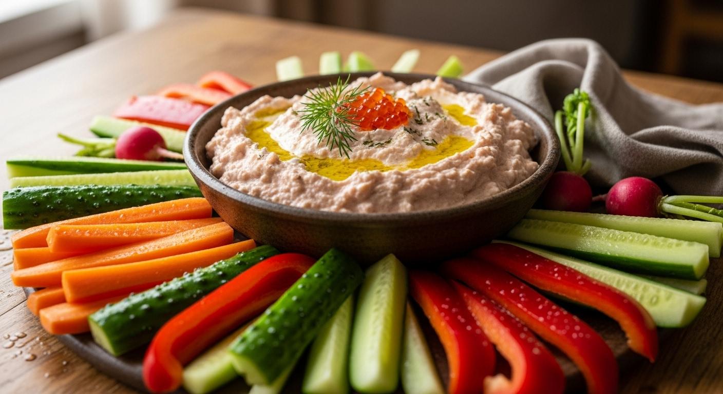 Plate of tarama with raw vegetables to illustrate precautions surrounding tarama during pregnancy in the diet of pregnant women.