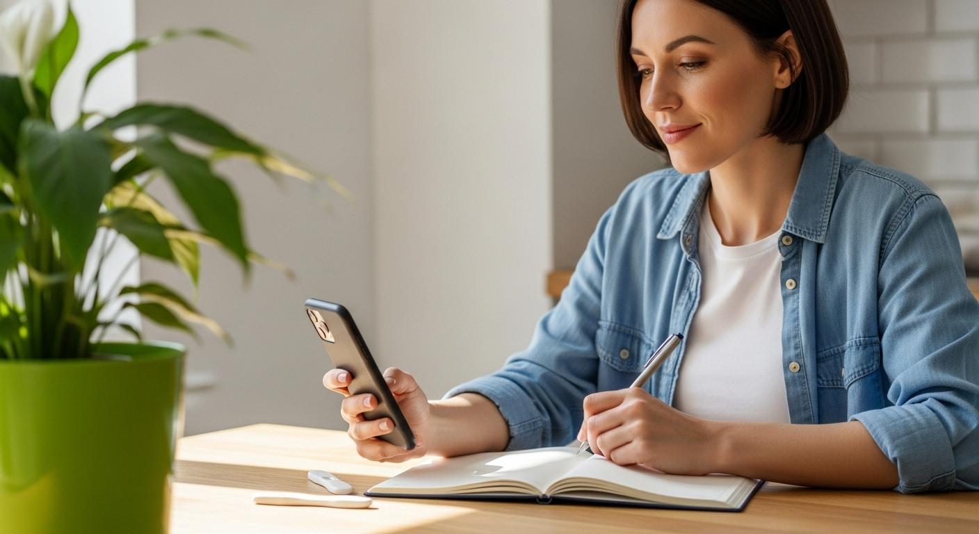 Jeune femme d’environ 30 ans notant son cycle à la table de la cuisine après un test de grossesse négatif, dans une ambiance lumineuse et sereine.