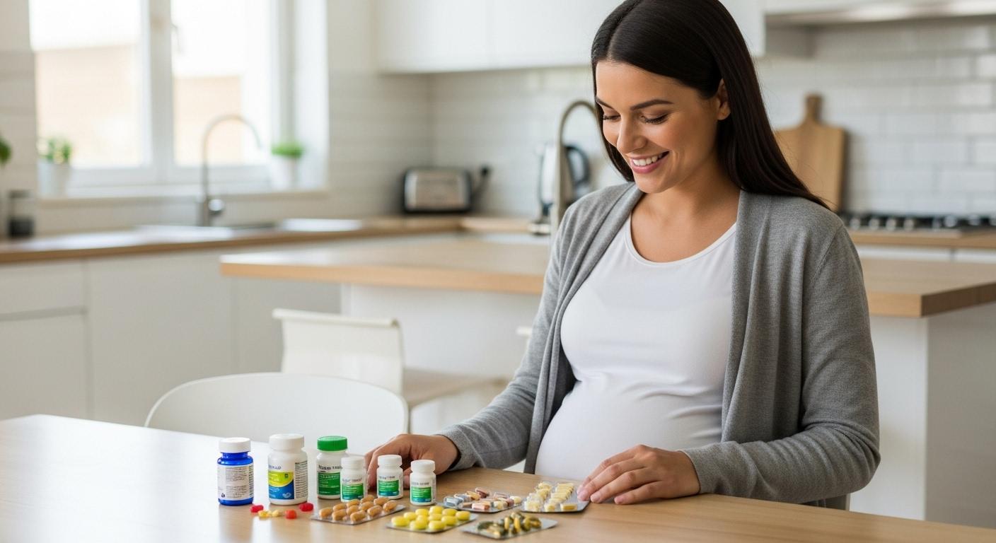 Femme enceinte choisissant des vitamines grossesse dans une cuisine moderne lumineuse.