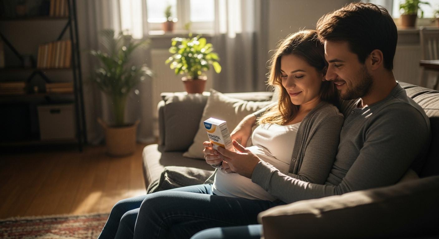 Jeunes parents consultant une boîte de vitamines grossesse dans leur salon chaleureux.