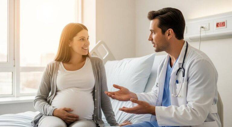 Femme enceinte souriante en consultation avec un anesthésiste expliquant le fonctionnement de l'aiguille péridurale