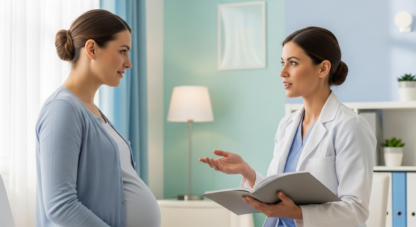 Une femme enceinte en consultation avec une sage-femme pour discuter du déclenchement par ballonnet accouchement.