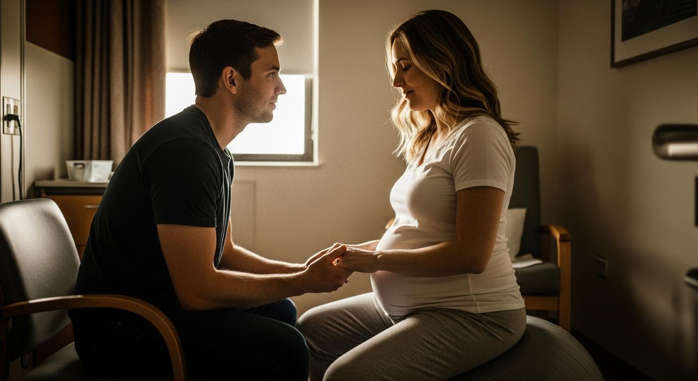 Un couple de futurs parents patientant sereinement en salle de naissance après la pose du ballonnet accouchement.