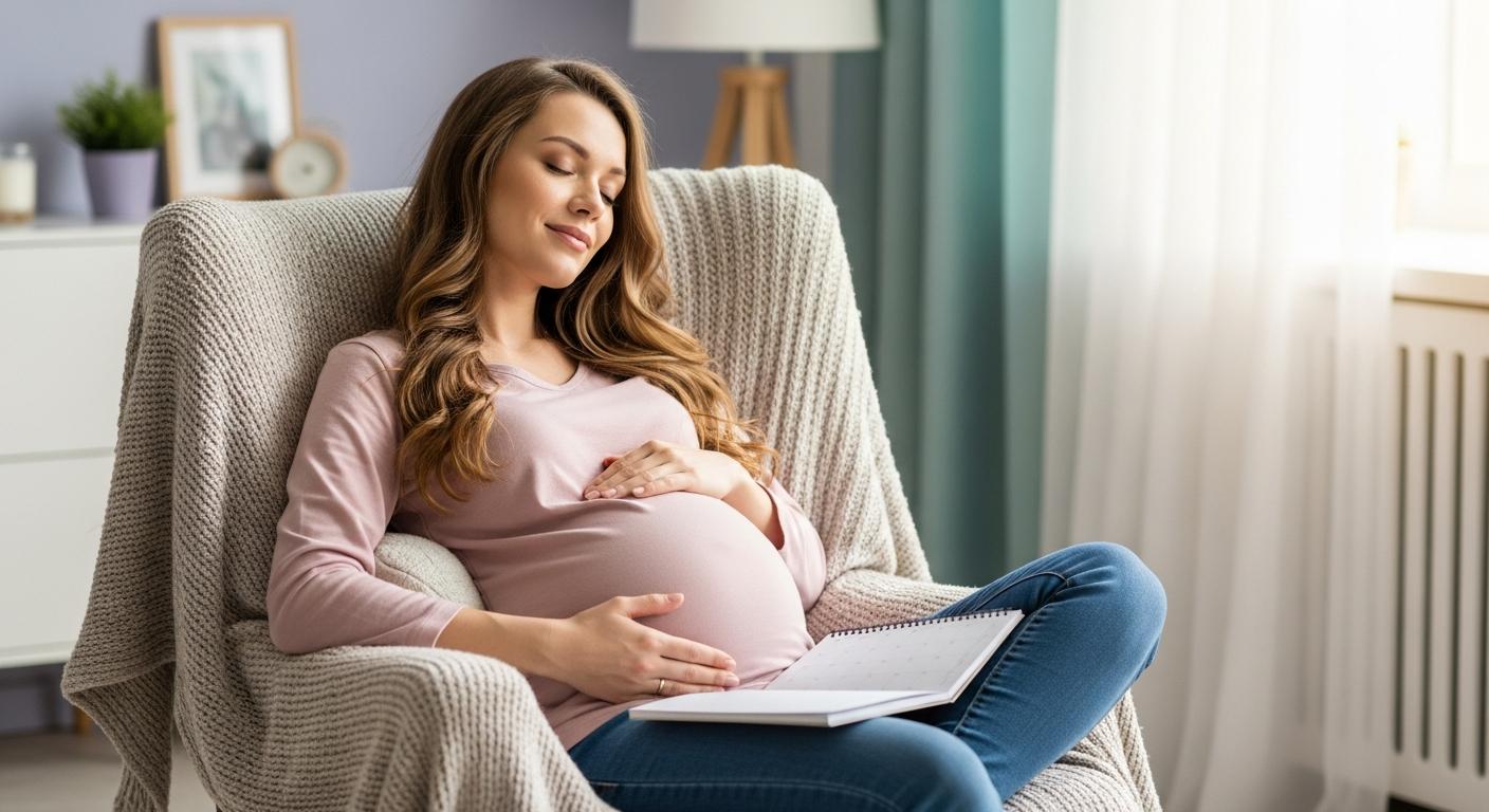 Femme enceinte assise dans son salon consultant un calendrier chinois grossesse pour connaître le sexe du bébé