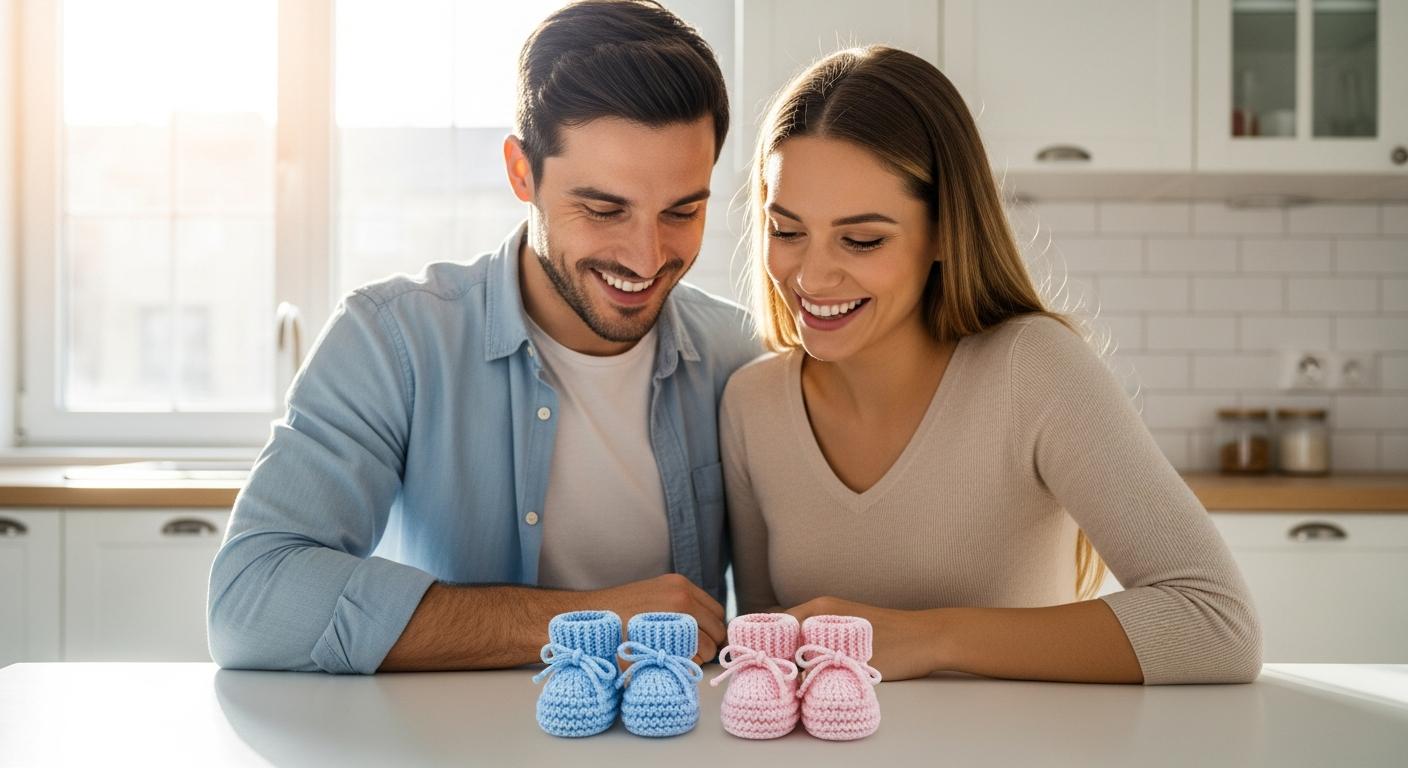 Couple de futurs parents s'interrogeant sur le sexe de l'enfant selon le calendrier chinois grossesse devant des chaussons roses et bleus