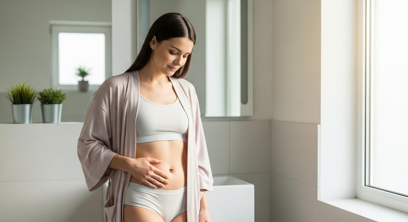 Jeune maman appliquant un soin sur sa cicatrice césarienne dans une salle de bain