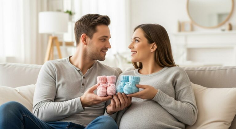 Couple assis sur un canapé tenant un chausson rose et un bleu symbolisant le moment de connaître sexe bébé