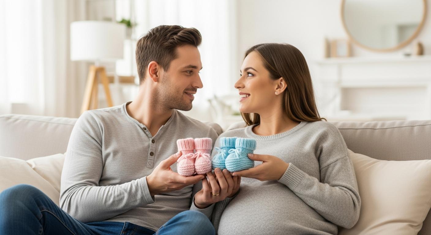 Couple assis sur un canapé tenant un chausson rose et un bleu symbolisant le moment de connaître sexe bébé