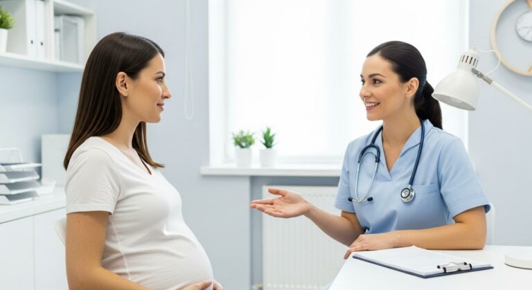 Une femme enceinte discute avec une sage-femme des risques de déchirure accouchement dans un cabinet médical