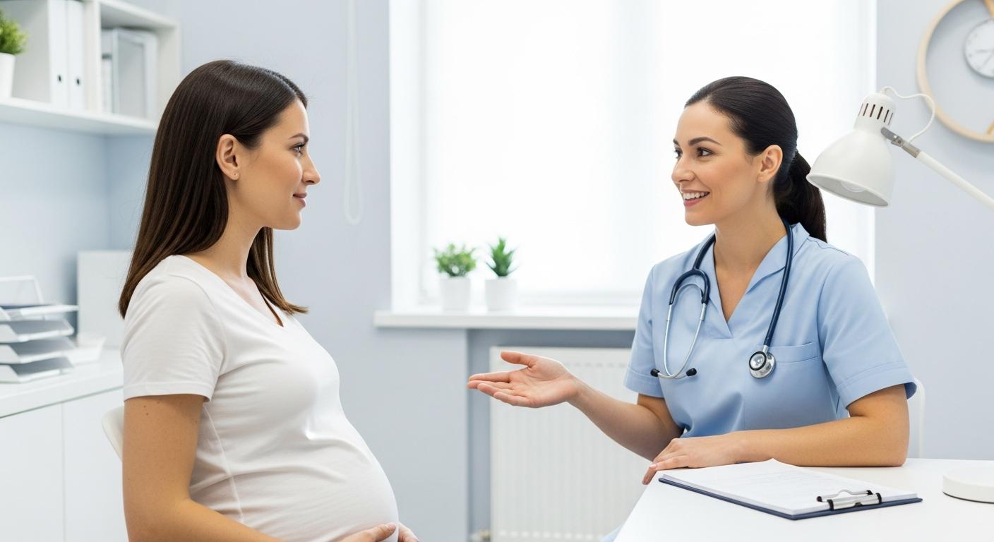 Une femme enceinte discute avec une sage-femme des risques de déchirure accouchement dans un cabinet médical