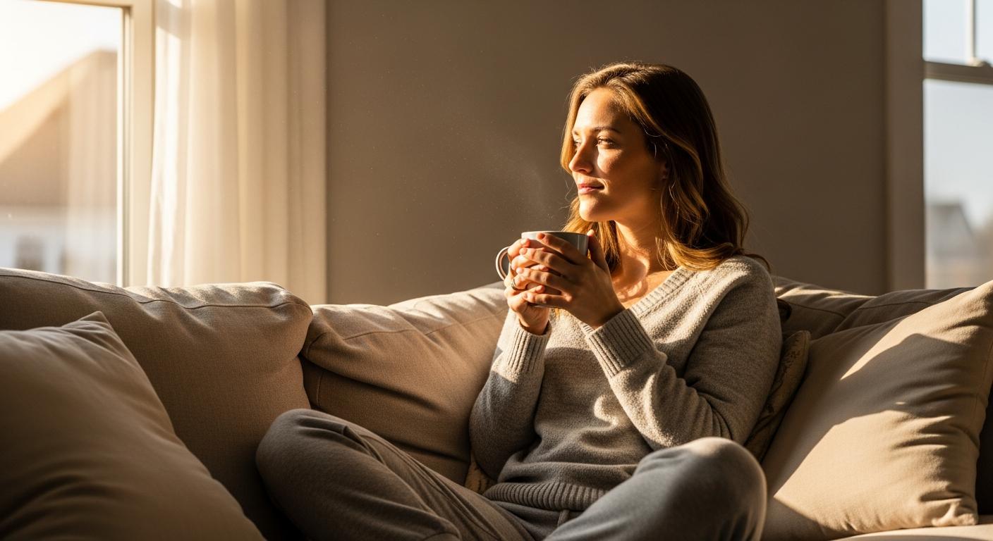 Une jeune maman se repose sur un canapé confortable pour favoriser la guérison de sa déchirure accouchement