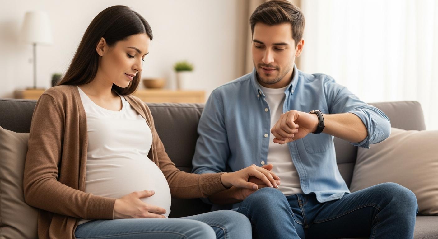 Une femme enceinte et son partenaire chronomètrent les contractions pour estimer la durée accouchement dans leur salon