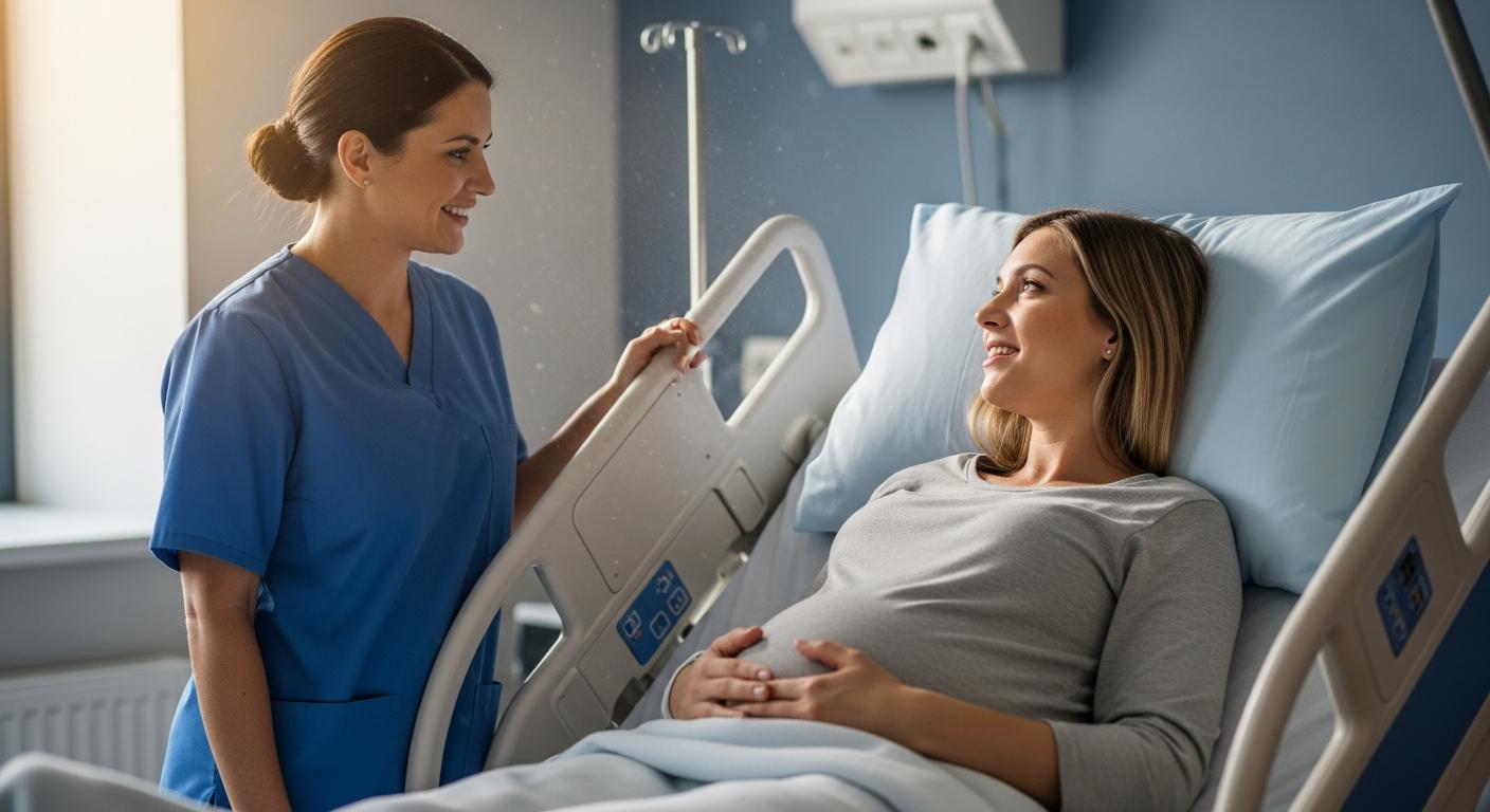 Une sage-femme discute avec une future maman souriante dans une chambre de maternité concernant la durée accouchement