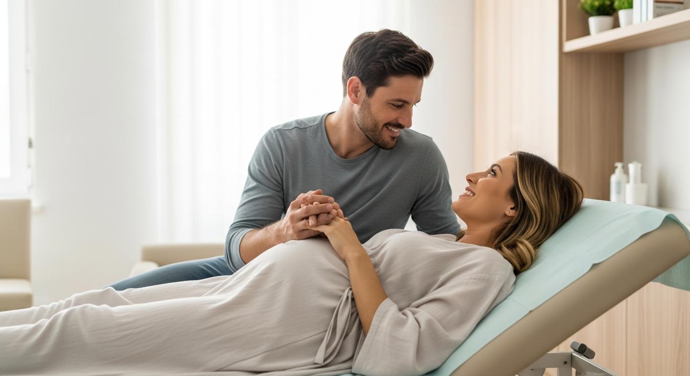 Couple souriant se tenant la main durant le rendez-vous pour l'echographie du 2eme trimestre