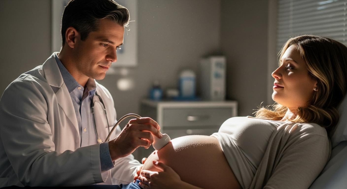 Praticien réalisant l'examen médical morphologique ou echographie du 2eme trimestre sur une femme enceinte