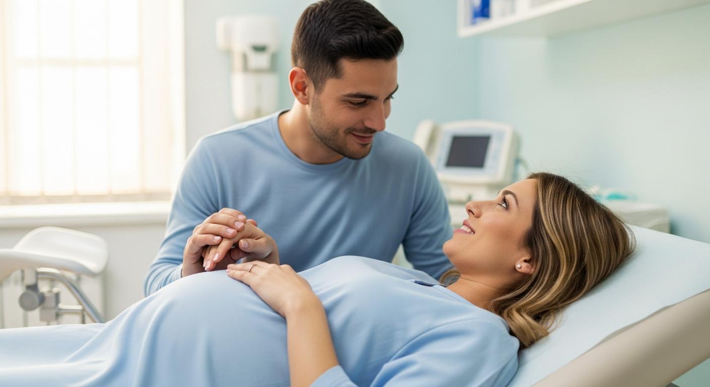 Future maman souriante sur la table d'examen tenant la main de son conjoint pour son echographie du 3eme trimestre