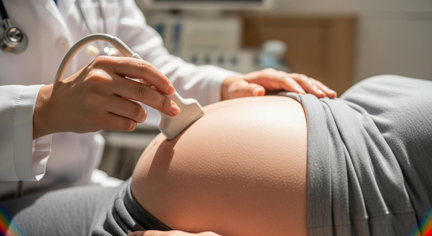 Gros plan sur le ventre d'une femme enceinte recevant le passage de la sonde lors de l'echographie du 3eme trimestre