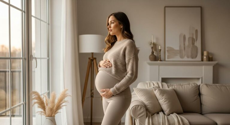 Femme enceinte debout dans son salon s'interrogeant sur une potentielle fissure poche eaux