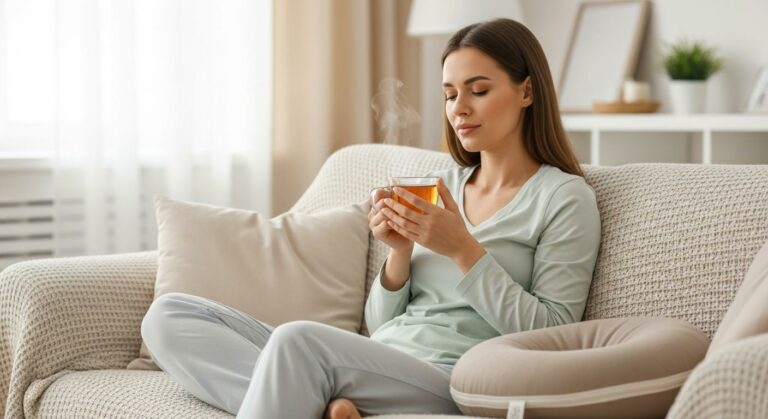 Jeune maman se reposant sur un canapé avec un coussin bouée spécifique aux hémorroïdes après accouchement